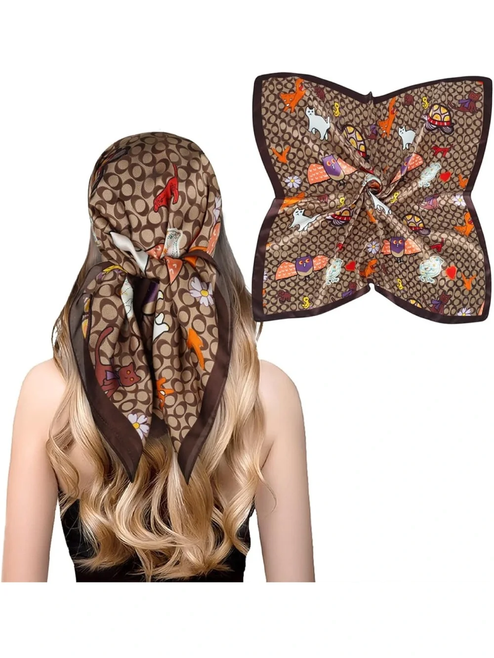 Designer Brown Patterned Silk Scarf with Multicolor Accents nwt 27” x 27”